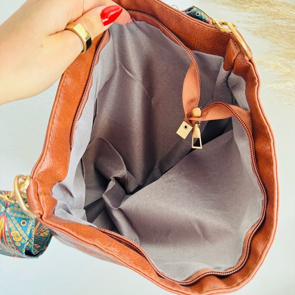 NEW FREE PEOPLE Brown Vegan Faux Leather Blue Strap Purse Tote Shoulder Bag - Picture 8 of 12